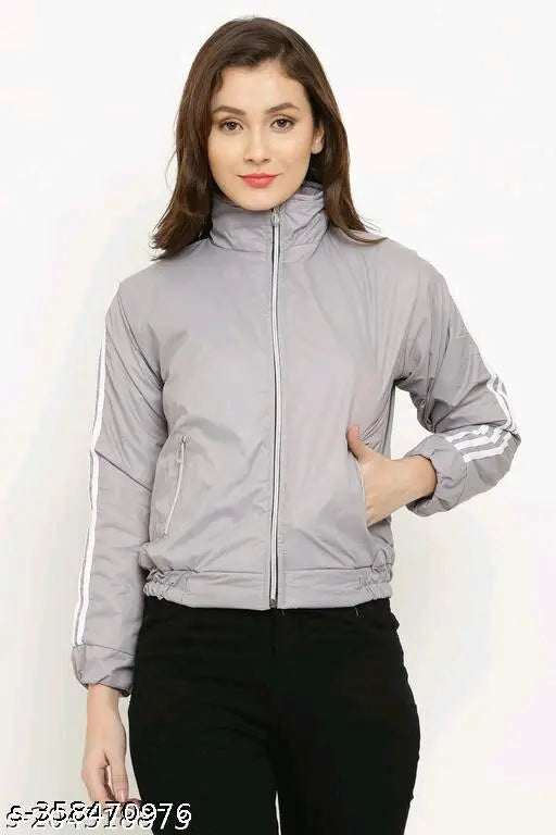 Grey striped polyester Barbour women's solid jacket with long sleeves on hanger