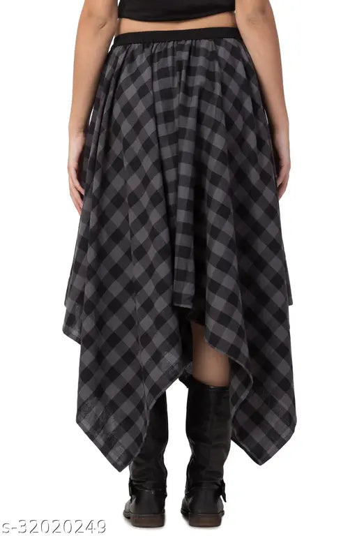 Checkered grey cotton party skirt for women, unique asymmetrical design with mock button and elastic closer