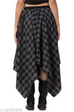 Checkered grey cotton party skirt for women, unique asymmetrical design with mock button and elastic closer