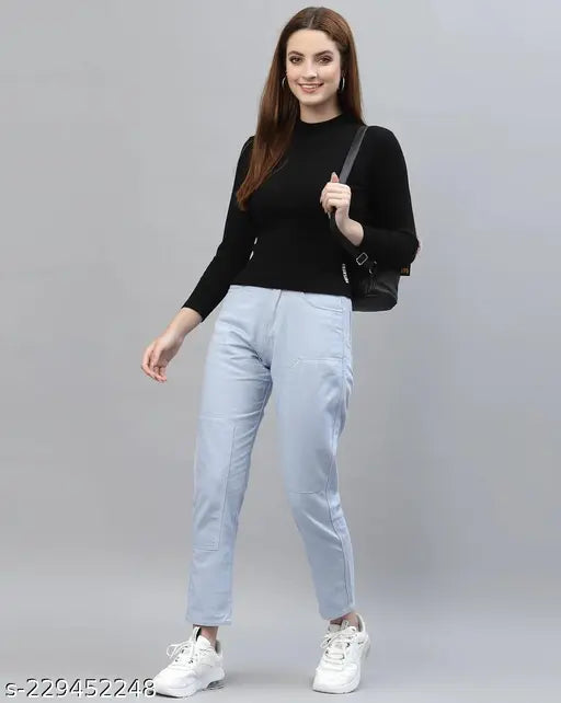 Black cotton-blend Trandy Style T-shirt for women and girls, featuring long sleeves and full stretchability for a comfortable fit. Perfect for layering in winter or wearing casually during summer. Made with rib cotton and Lycra (240 Gsm). Available in multiple colors including black, maroon, white, olive, peach, mustard, purple, and brown