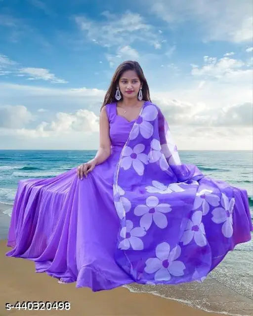 Georgette Anarkali Kurta Set, floral printed, sleeveless, lightweight ethnic wear for women