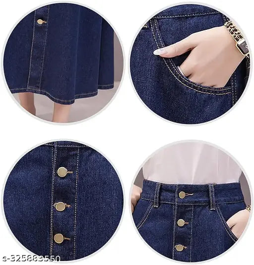 Navy Blue Buttoned A-Line Maxi Denim Woman Skirt - Breathable, home washable, lightweight denim maxi skirt with self designs and durable materials. Great for all body types and suitable for various events or casual wear. Made in India (Size 26: Waist 31in, Hip 40in; Size 32: Waist 29in, Hip 38in)
