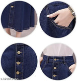Navy Blue Buttoned A-Line Maxi Denim Woman Skirt - Breathable, home washable, lightweight denim maxi skirt with self designs and durable materials. Great for all body types and suitable for various events or casual wear. Made in India (Size 26: Waist 31in, Hip 40in; Size 32: Waist 29in, Hip 38in)