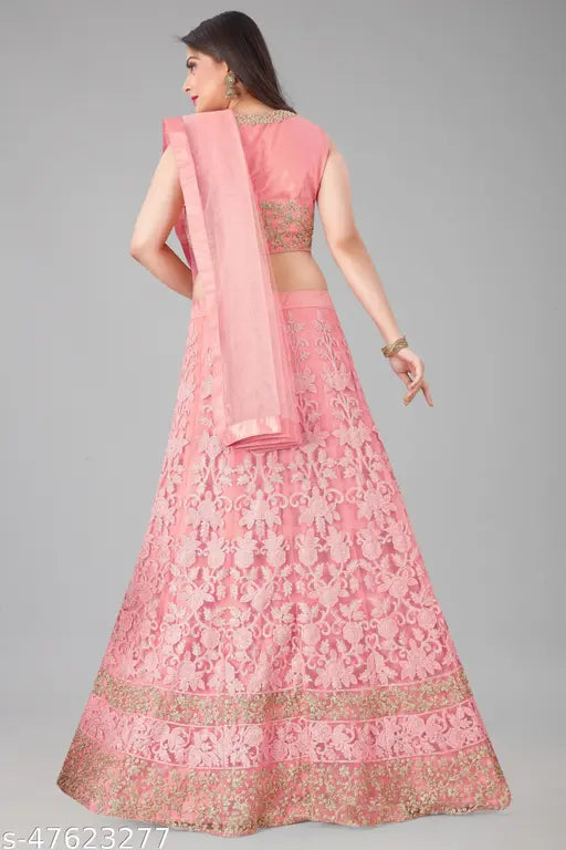 Arvika pink net zari-work semi-stitched lehenga choli with dupatta, Indian women's traditional wear featuring intricate zari embroidery