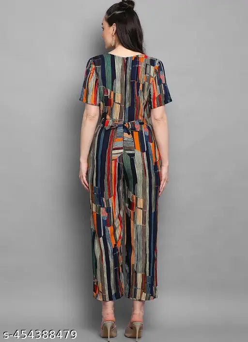 Multicolor striped rayon foil print jumpsuit with square neck and three-quarter sleeves, featuring two side pockets and a belt buckle. Perfect for casual or party wear, handcrafted in India