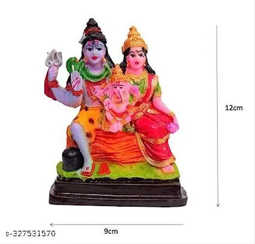 Multicolor Shiv Parivar Resin Idol: Shiva, Parvati & Ganesh family statue for home mandir or pooja gift item. Height 4 inches. Indian-made Mahadev family resin figure