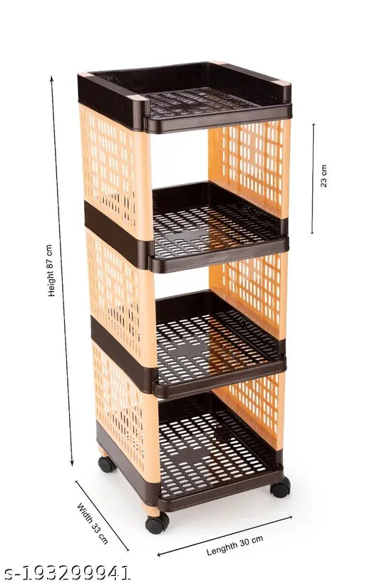 A brown and ivory four-tier plastic storage organizer with wheels, suitable for both kitchen and office use