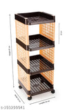 A brown and ivory four-tier plastic storage organizer with wheels, suitable for both kitchen and office use