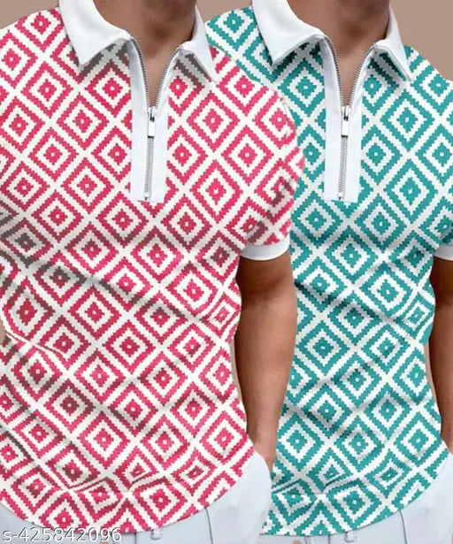 Cotton Blend Polo Neck Half Sleeves Printed Collar T-shirt