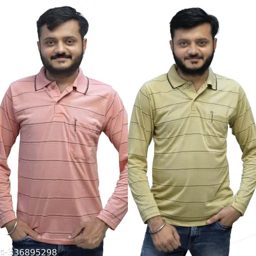 Mens cotton blend full sleeve striped polo t-shirt, long sleeves with pocket, sizes L & 4XL available on display