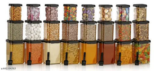 Air tight container kit for kitchen storage, food storage container, plastic container fridge container groceries, with spoon 350ml 650ml 900ml black