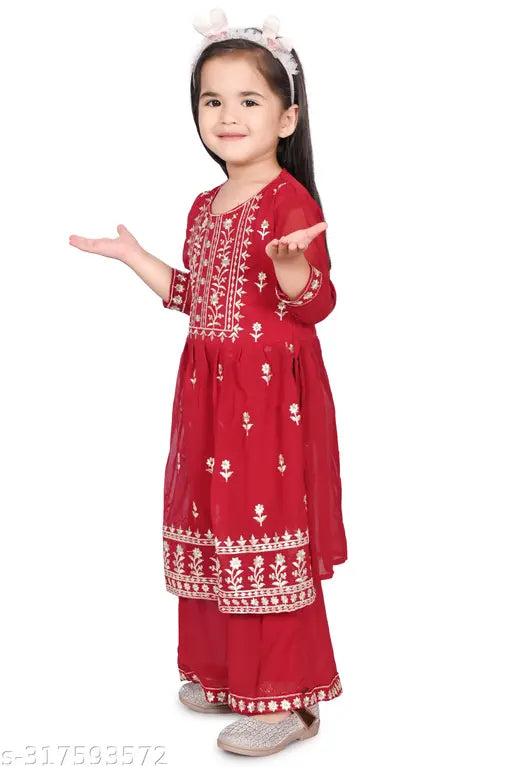 Modern girls Georgette kurta and palazzos set, A-line, embellished, floor length, good quality for children (9-12 Months, 12-18 Months, 18-24 Months, 0-1 Years, 1-2 Years, 2-3 Years, 3-4 Years), India origin