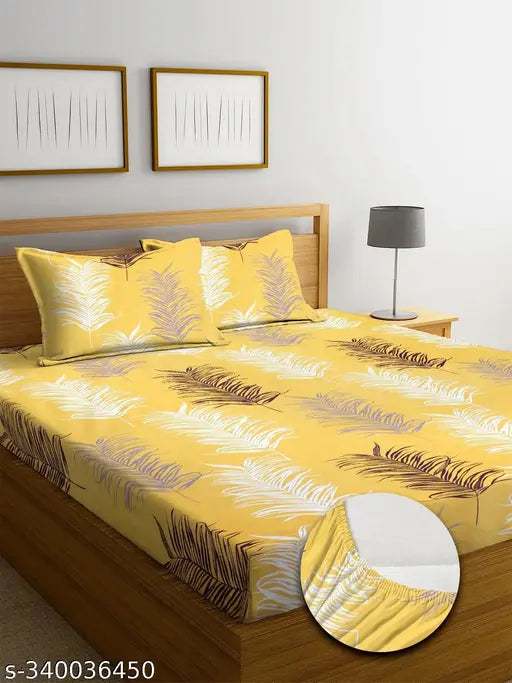 Red premium cotton elastic fitted double bed sheet with two pillow covers, 72x78x8 inches drop, botanical print. Made in India