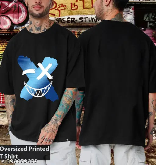 Black cotton graphic printed oversized Manlino men's t-shirt. Quality smile design on back, perfect for casual wear or sports activities." (123 characters)
