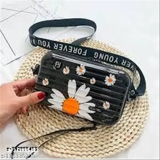 Black and orange floral printed shoulder strap detachable womens sling bag
