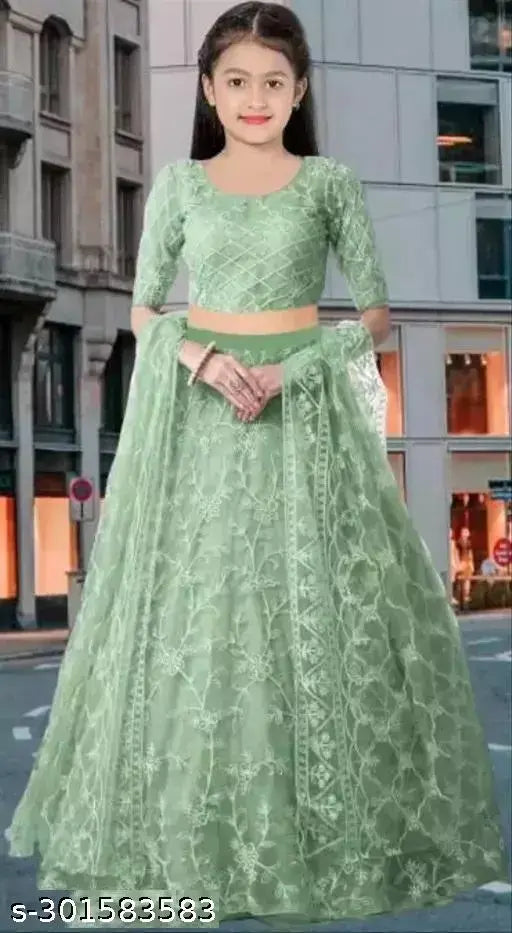 Embroidered net lehenga choli for girls (3-15 years), semi-stitched, Indian ethnic wear