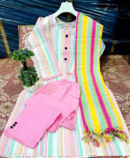 Pink and white striped kurta, matching pink pants and a fringed dupatta