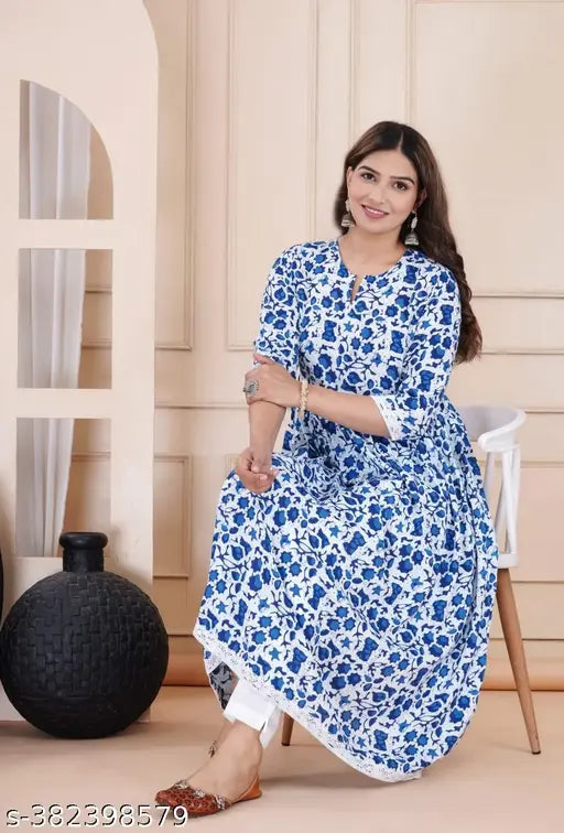 Blue floral printed Anarkali kurti and palazzos, rayon fabric, embellished V-neck with three-quarter sleeves, Indian ethnic wear for women