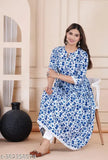 Blue floral printed Anarkali kurti and palazzos, rayon fabric, embellished V-neck with three-quarter sleeves, Indian ethnic wear for women