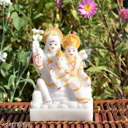 Marble Shiva Parvati Ganesha idols for Pooja Room, Temple, Mandir & Gift Items. India origin, 10cm x 14cm x 5cm, complete divine family representation