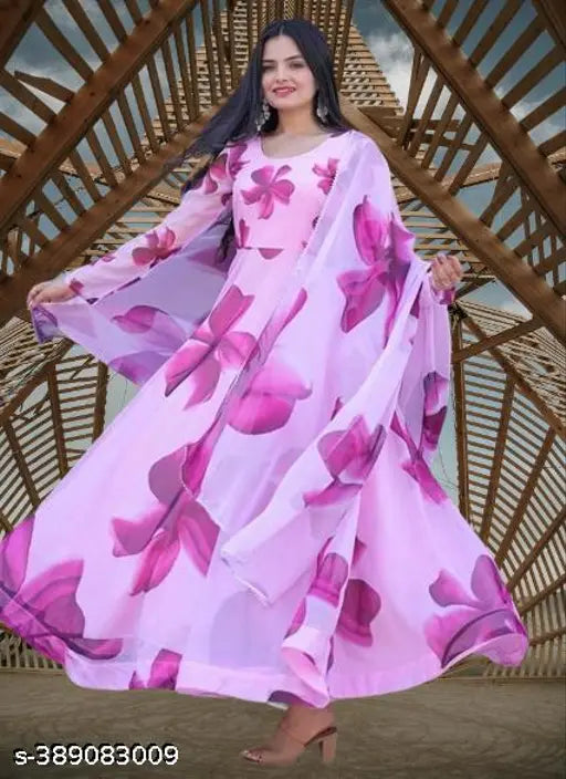 Pretty Floral Pink Georgette Gown, traditional Indian outfit for weddings or parties. High-quality fabric, long sleeves, and fashionable design