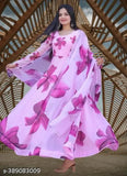Pretty Floral Pink Georgette Gown, traditional Indian outfit for weddings or parties. High-quality fabric, long sleeves, and fashionable design