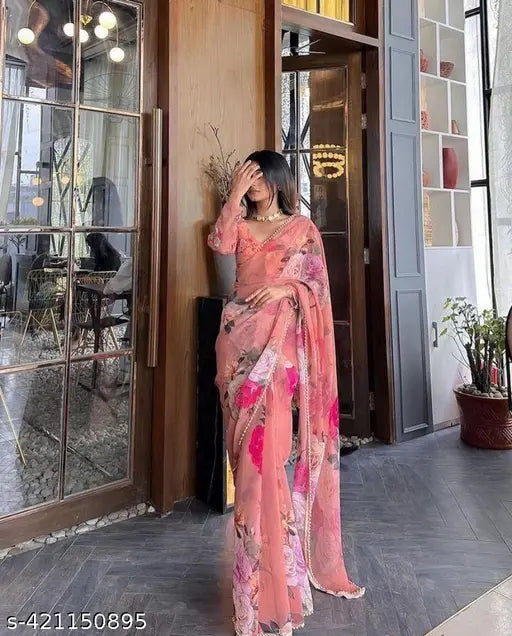 Georgette saree ensemble with printed blouse and pearl lace border, free size, soft light weight, Indian origin