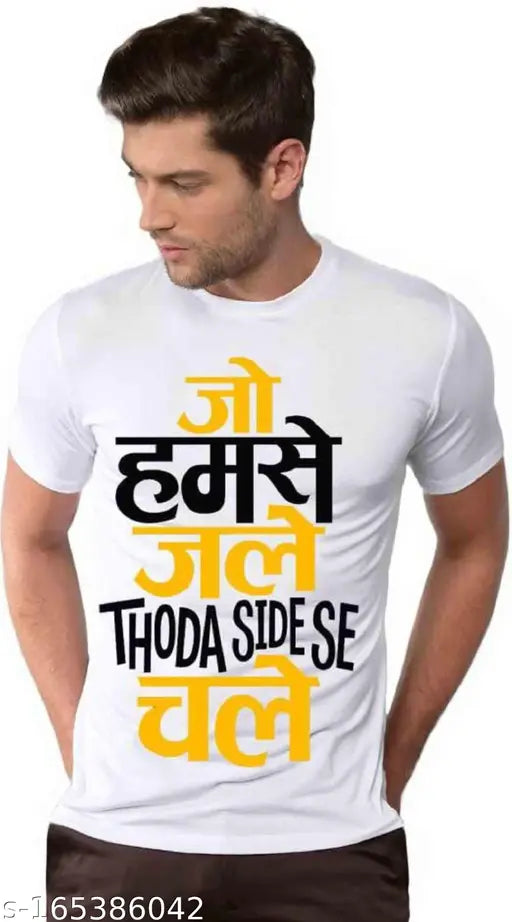 White striped polyester t-shirt for men, printed with "Jo Humse Jale" design on side