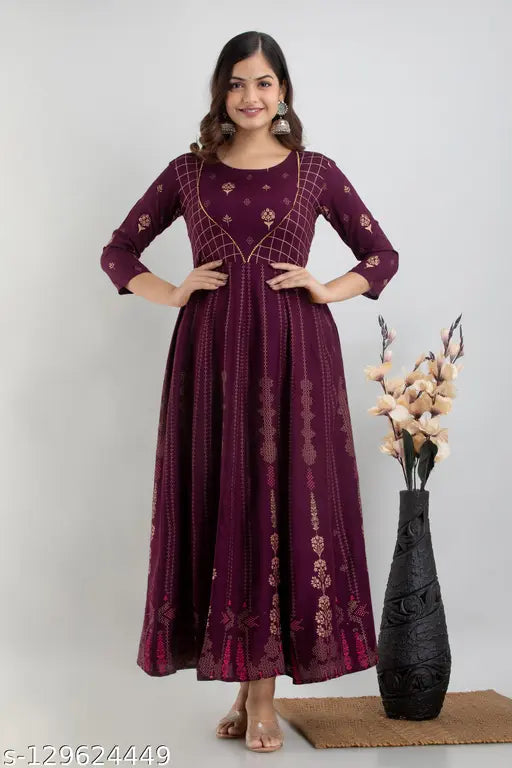 Purple rayon printed anarkali kurta, long-sleeved, embroidered border