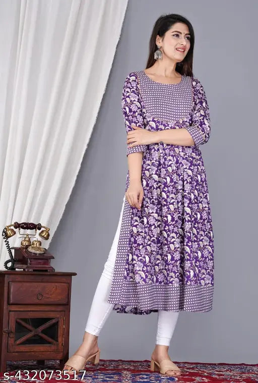Rayon Naira Cut Kurti for Women/Girls, printed combo three-quarter sleeves, JaipurFashionHub Procin design on model