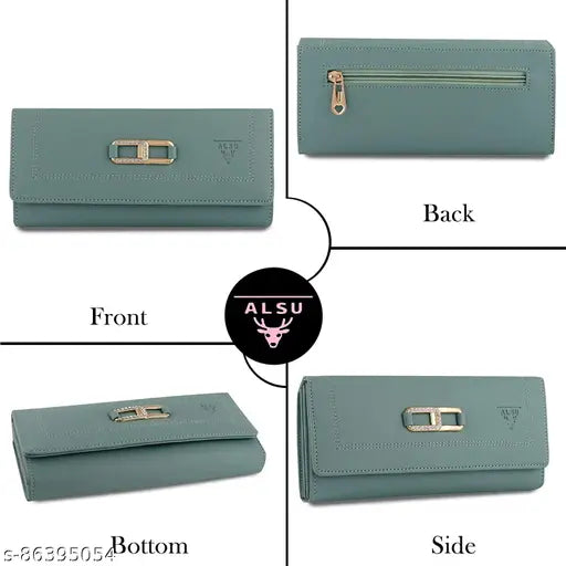 ALSU women's black leather hand clutch wallet purse, zip closure, 4 card slots, phone pocket