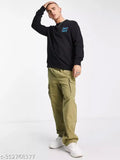 Black and Blue Cottonblend Slim Fit T-Shirt with Full Sleeves and Printed Round Neck, men's clothing on hanger