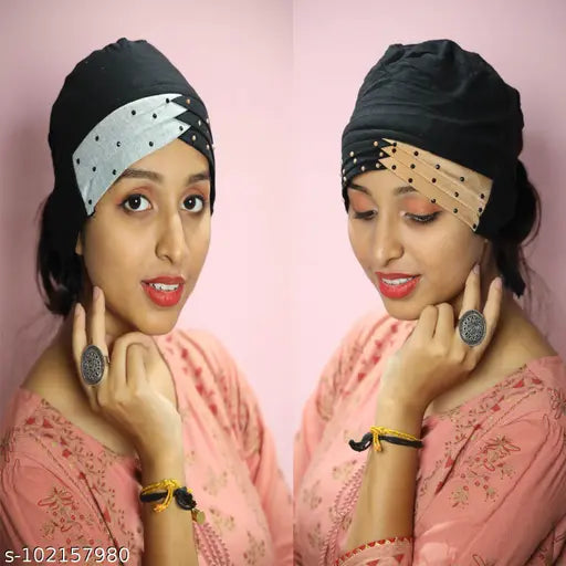 Set of two hijab caps with embellishments, black material, adjustable fit