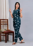 Green rayon printed women's night suit with three-quarter sleeves, comfortable and soft for a dreamy sleep. Made in India