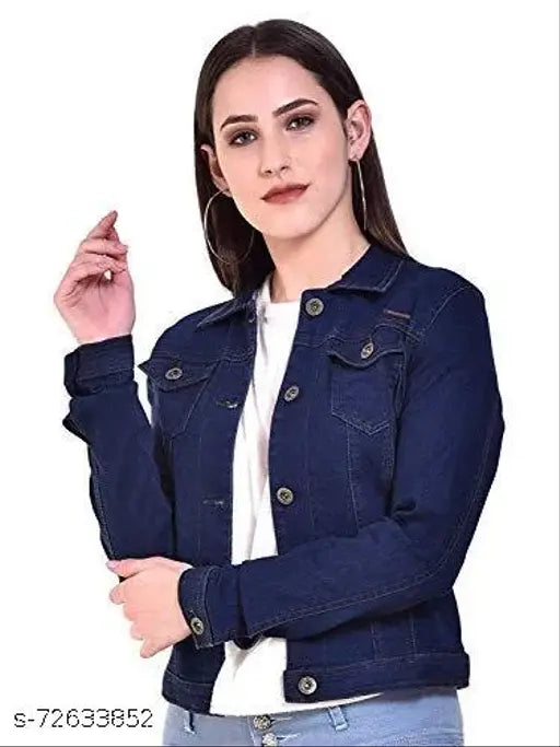 Comfy Elegant Denim Women's Jacket, solid design, long sleeves, shank buttons, chest pockets - wardrobe staple from India