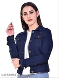 Comfy Elegant Denim Women's Jacket, solid design, long sleeves, shank buttons, chest pockets - wardrobe staple from India