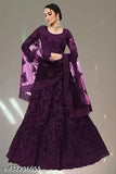 Purple embroidered net wedding lehenga-choli set with embellished dupatta, semi-stitched (44W x 42L), Indian origin