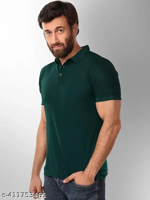 Green polycotton men's solid polo short sleeve T-shirt, half selvess design - India