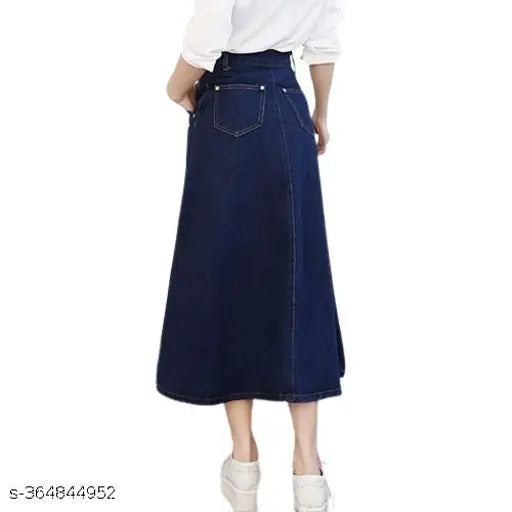 Navy blue denim skirt with side pockets and back button closure