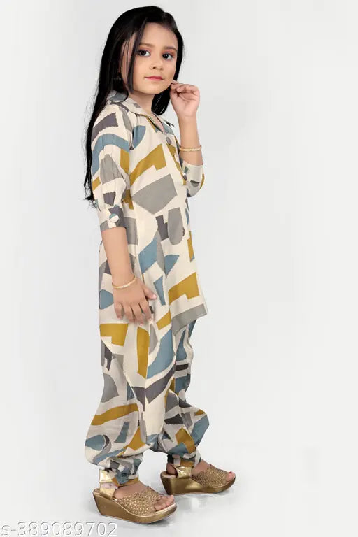 A-line pure cotton pyjama set for kid, Indian Giomatric design in solid colors, sizes 2-3 Years to 11-12 Years