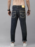 Black mens slim mid rise jeans with distressed knees, pocket detailing