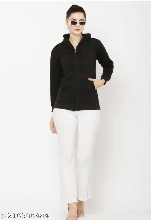 Fleece fleece-lined women's Plant jip Hoodie jacket, solid color, long sleeves, high quality, made in India