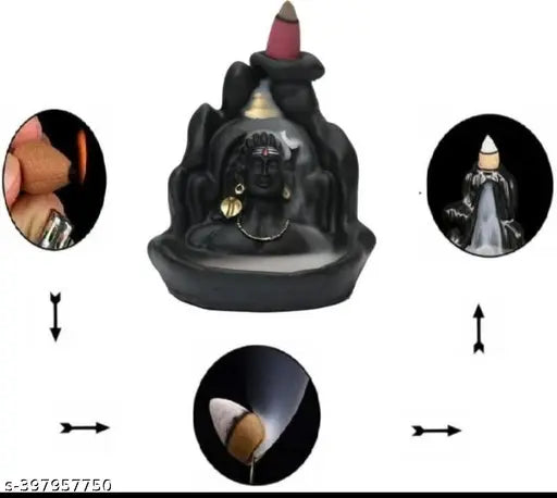 Poly resin Lord Shiva Adiyogi statue with 11 smoke backflow dhoop cones, Indian decorative showpiece, 10cm x 12cm x 7cm dimensions
