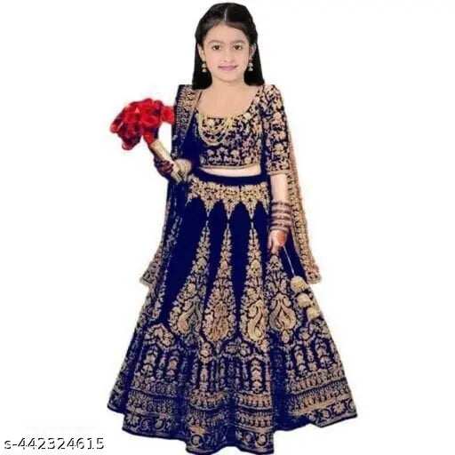 Velvet embroidered lehenga choli for cute baby girl, Indian traditional outfit on display