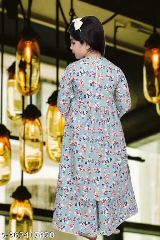 Printed cotton blend sharara set for kids, modern A-line sharara dress with three-quarter sleeves. Handcrafted ethnic wear for girls, perfect for festive occasions