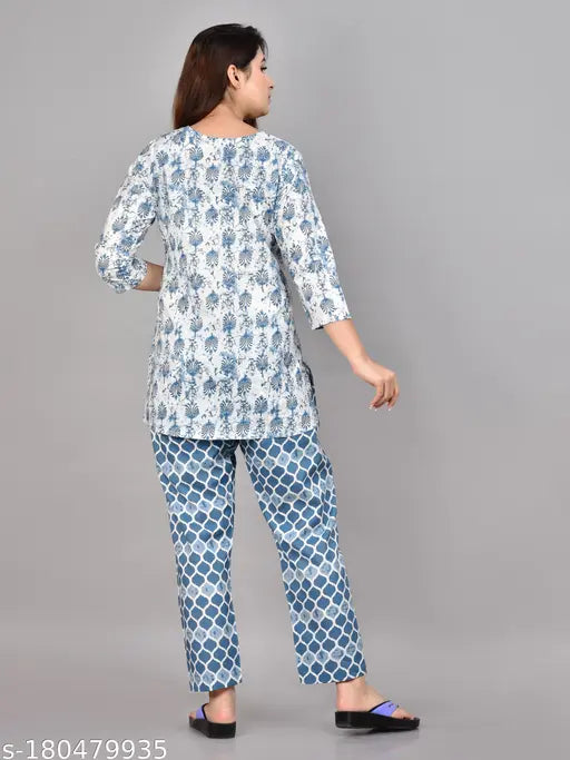 Pure cotton women's nightsuit with printed pattern, three-quarter sleeves, limited edition premium quality from GustoFab