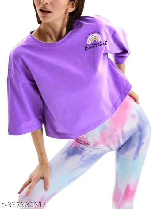 Lavender cotton blend loose fit crop top T-shirt, cool graphics for street-style look