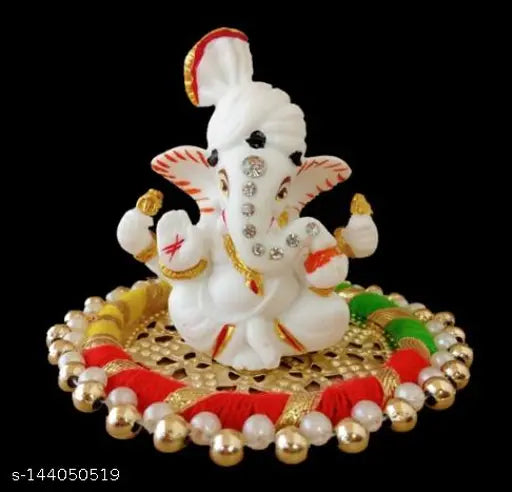 Multicolor antique finish Ganesha statue with treranga plate, Indian home decor gift, Lord Ganesh figurine in marble powder