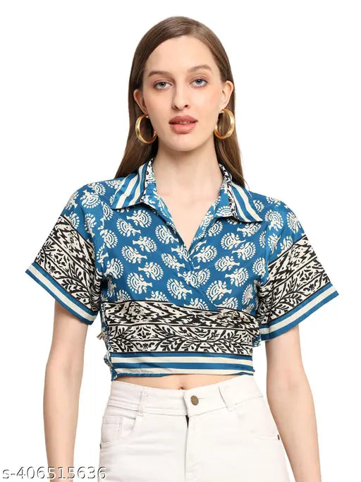 kanha exports Top with Short Bell Sleeves and Wrap Style, Multicolored, Oversized Fit