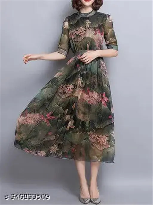 Floral print midi dress with high neckline